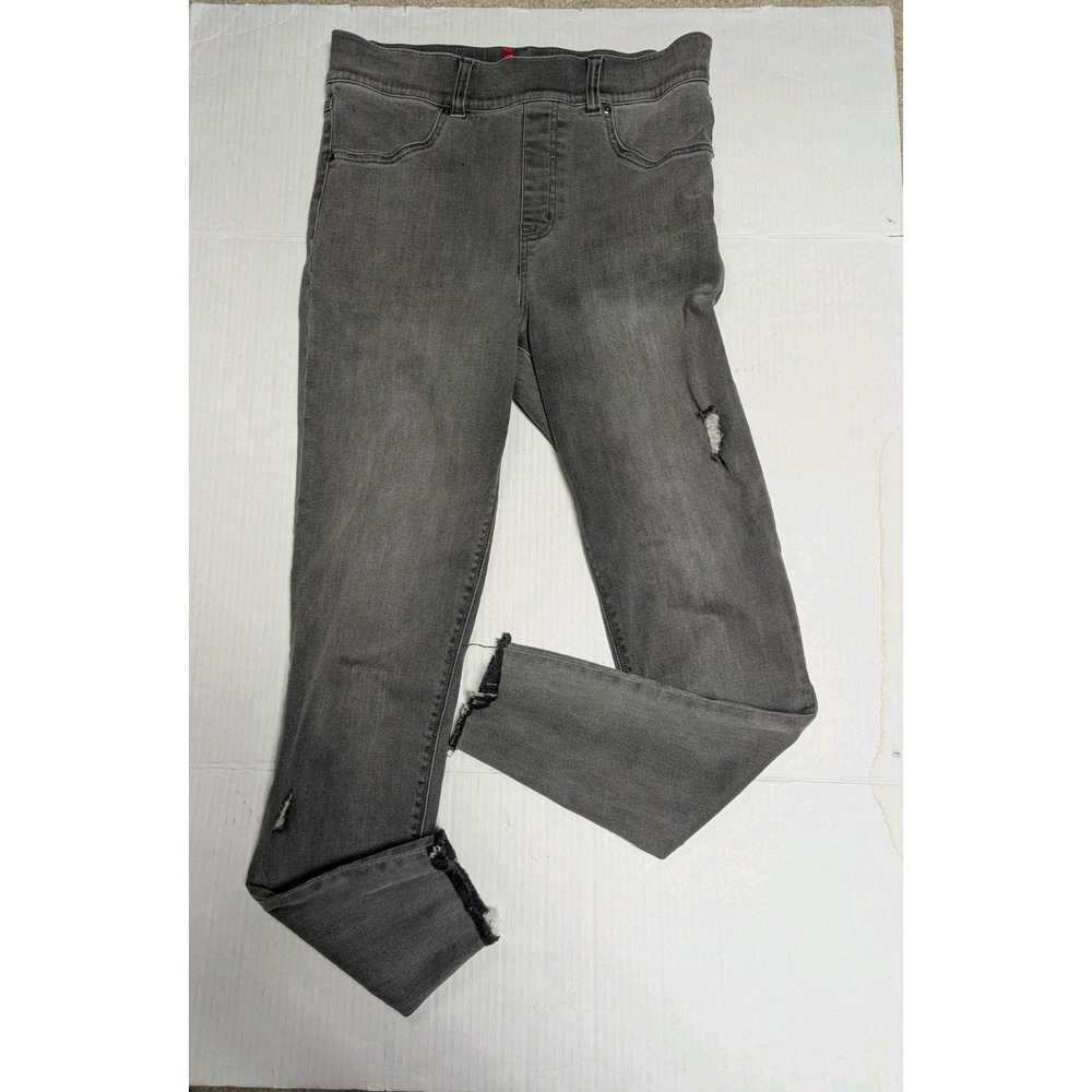 SPANX Jeans M Gray Ankle Skinny Distressed High Rise Pull On Jeggings Raw Hem